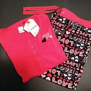 NEW Fuschia & Black LOVE Fleece Pajama Set, L